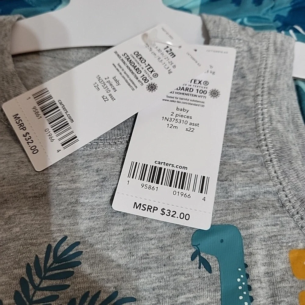 Carters‎ Baby Boys 2-Pack Dinosaur Rompers Grey Teal 12M Snap Closeure NEW